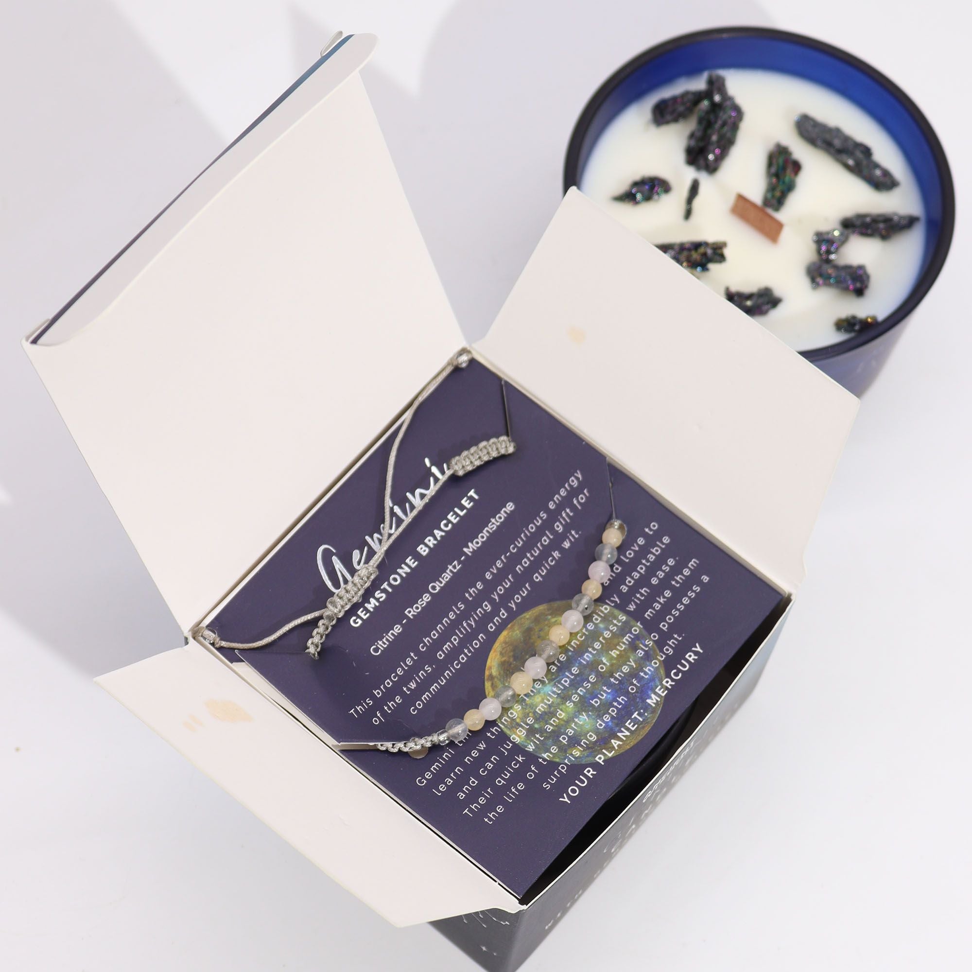 Świeca ZODIAK z kryształami + bransoletka z kamieni - BLIŹNIĘTA